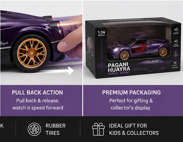 Model car with pull-back action and packaging box on a gray background