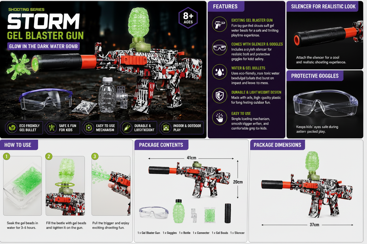 STORM Gel Blaster Gun features and specifications infographic