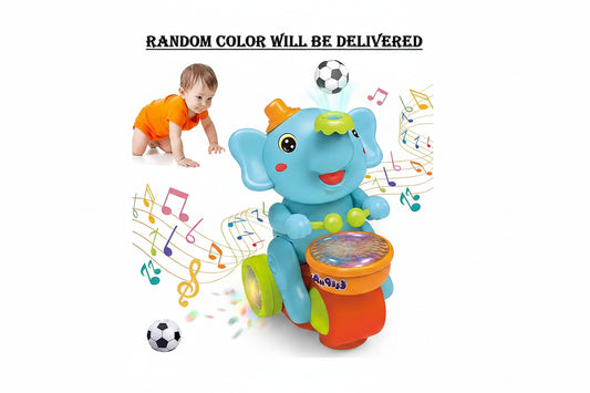 Colorful toy elephant with drum, soccer balls, and musical notes on a white background