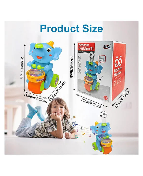 Children's toy elephant with musical features and packaging, showing product size details.