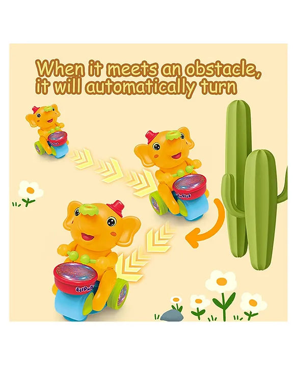 Toy elephant with drums avoiding a cactus on a beige background