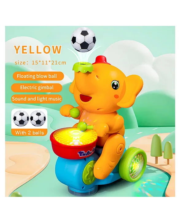 Toy elephant with soccer ball features on a colorful background
