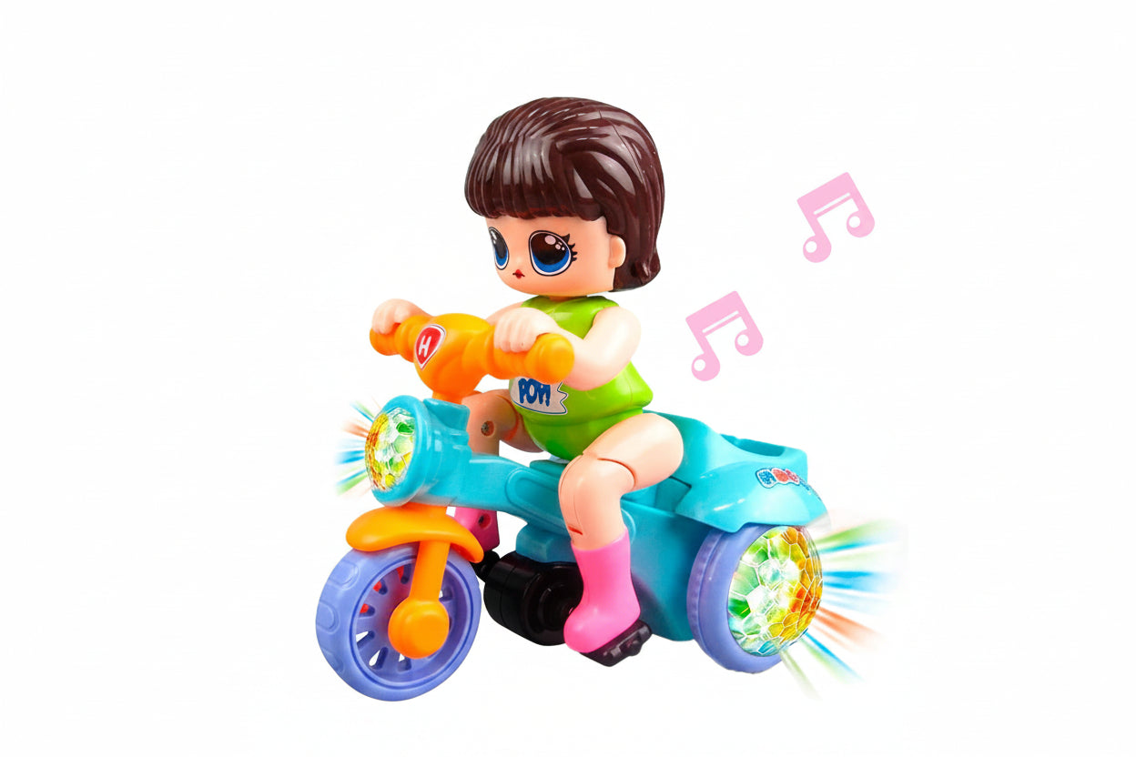 Toy figure of a girl on a scooter with musical notes and water spray features.