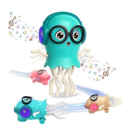 Toy octopus with music notes and a smaller octopus toy on a white background