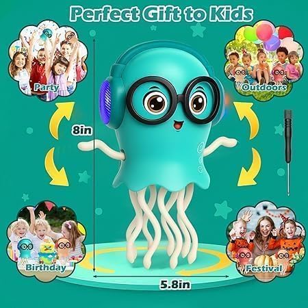 Toy octopus with headphones on a green background with text and images of children.
