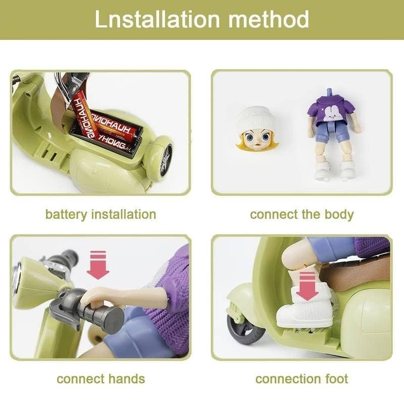 Step-by-step guide on how to assemble a toy scooter with battery installation and body connection.