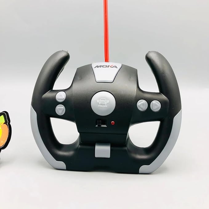 Black gaming steering wheel with Moka branding on a white background
