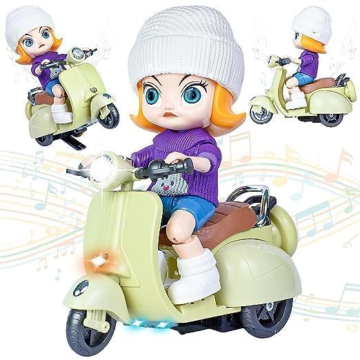 Toy figure of a girl on a scooter with two smaller figures on scooters in the background.