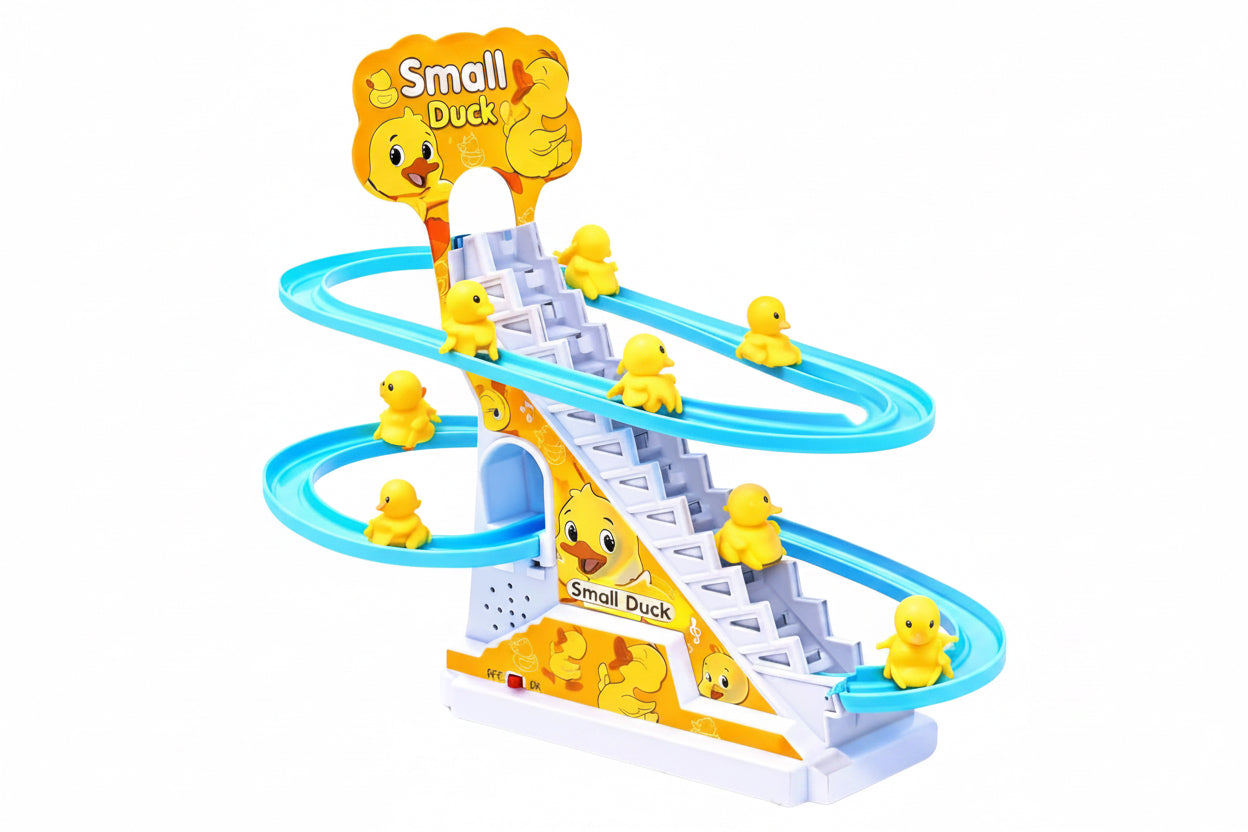 A children's toy race track set featuring small yellow duck figurines sliding down blue curved tracks on a white and yellow plastic base with cartoon duck graphics and 'Small Duck' text.