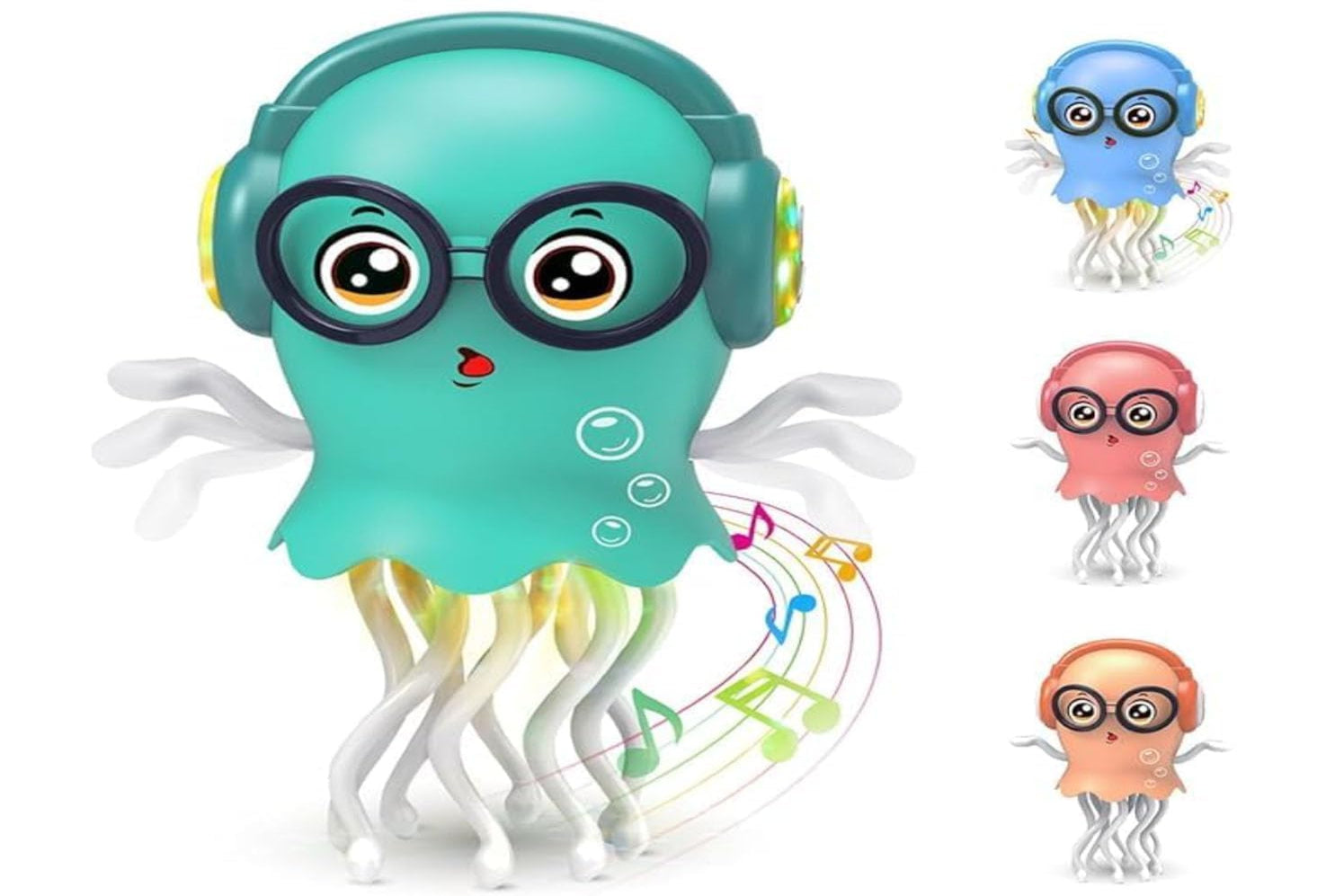 Colorful toy octopus with headphones and musical notes on a white background