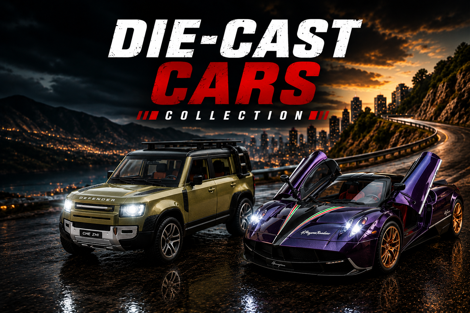Two cars, one gold and one purple with open doors, on a scenic road with 'Die-Cast Cars' text.