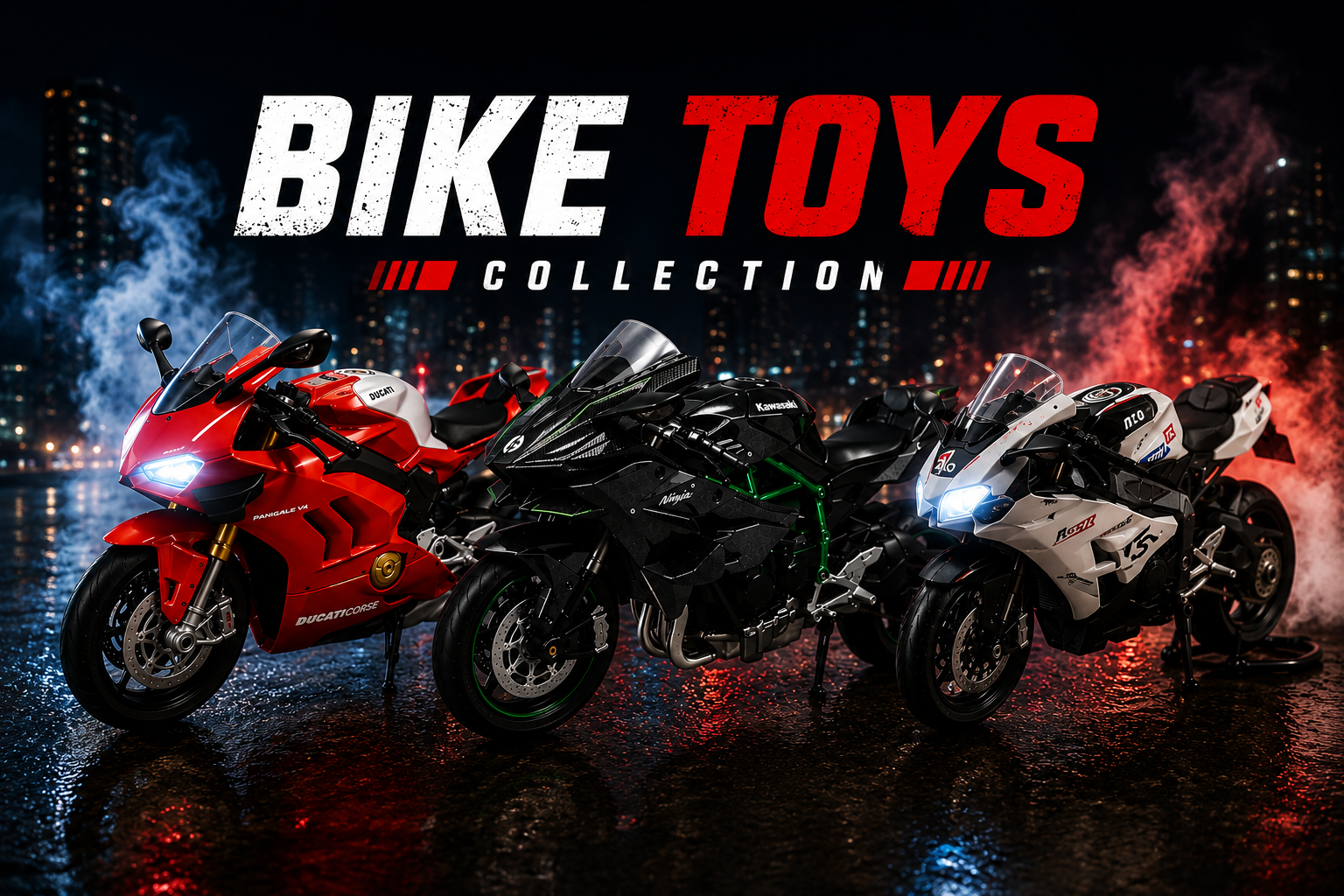 Three toy motorcycles on a wet road with a cityscape background and 'Bike Toys Collection' text.