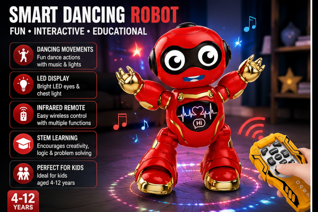 A red and gold smart dancing robot toy shown on a dark, colorful promotional background with text callouts about features like dancing movements, LED display, infrared remote, and STEM learning. A human hand holding a yellow remote is visible in the lower right corner.
