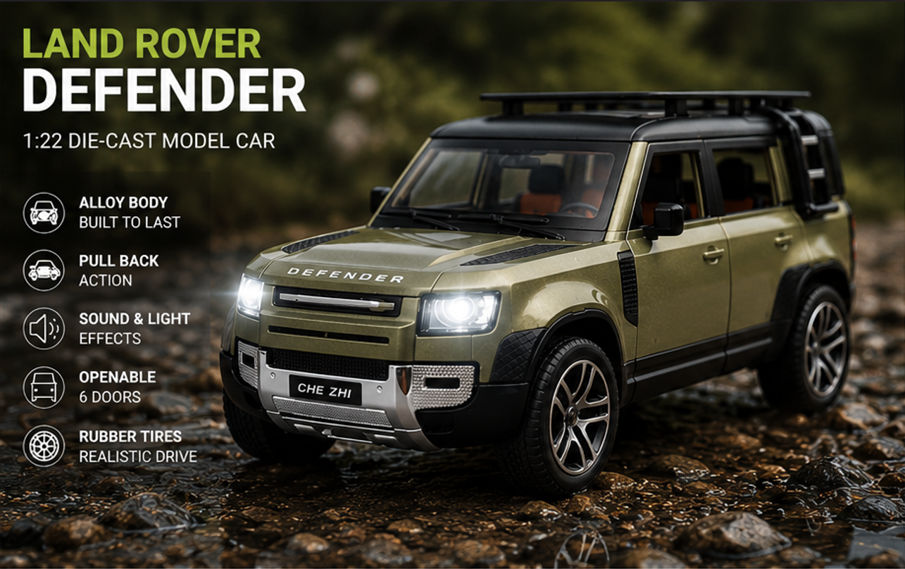 Model Land Rover Defender toy car on a natural background with product features listed.
