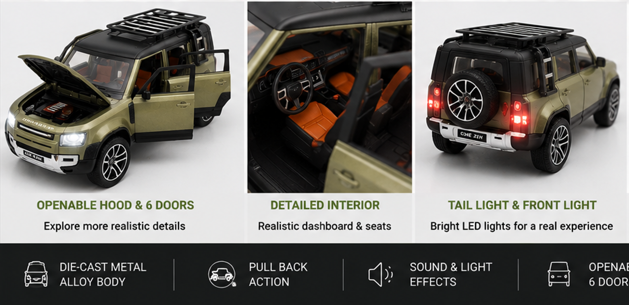 Defender Model car with open hood, detailed interior, and light effects on a black background