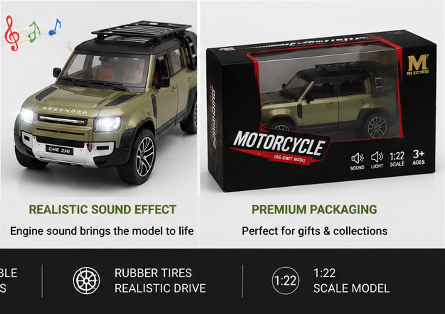 Defender Model car with realistic sound effect and premium packaging, featuring a motorcycle toy and its box.