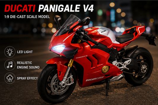 Die Cast Metal Motorcycle Toy Ducati Panigale V4 with Light & Sound for Kids | Realistic Design | 1:9 Scale Model | Collectible Bike Replica | Miniature (Red)