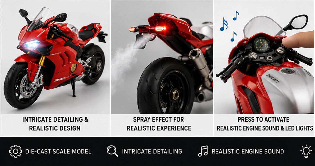 Ducati Panigale V4 Die-Cast Bike – 1:9 Scale Replica with LED Lights & Engine Sounds | Collector's Model (Red)