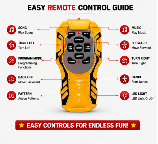A yellow and black remote control shown on a white infographic background with labeled icons and text explaining functions such as song, music, forward, turn left/right, program mode, dance, and LED light.
