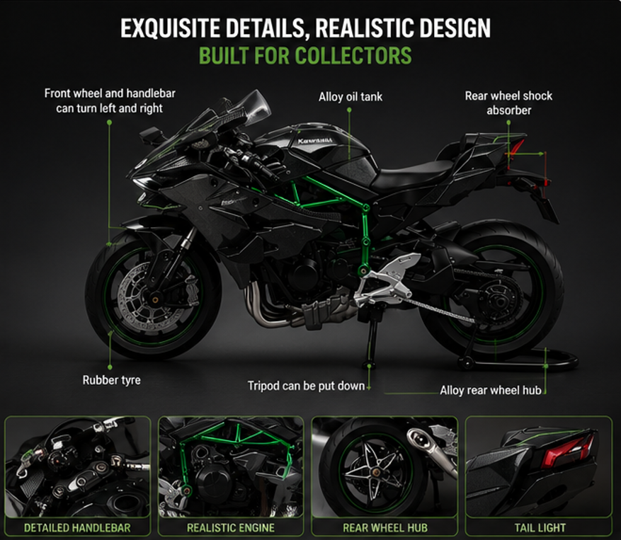 Kawasaki H2R Die-Cast Bike Model – 1:9 Scale Premium Display Piece for Kids and Adults