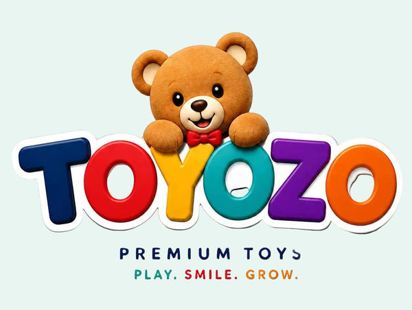 Logo of TOYOZO with a teddy bear and colorful letters on a white background