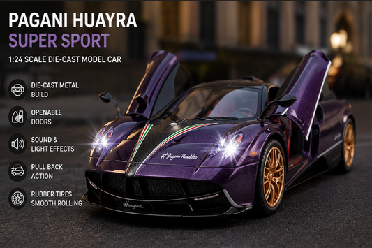 Pagani Huayra Super Sport model car with open doors on a dark background