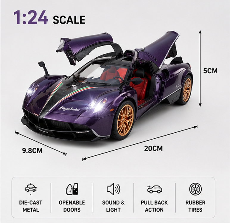 Model car with specifications on a white background