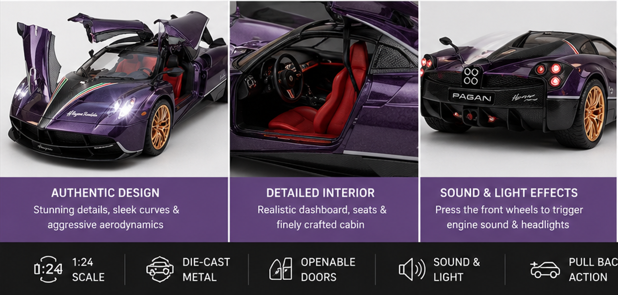 Purple toy sports car with open doors, detailed interior, and Pagan branding.
