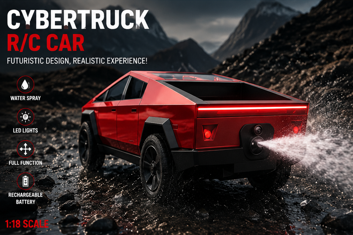 Cybertruck-Style RC Pickup Truck with Water Mist & LED Lights – 1:18 Scale Rechargeable Remote Control Car for Kids