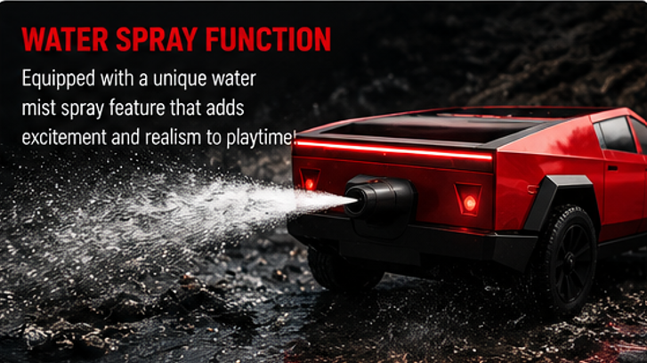 Cybertruck-Style RC Pickup Truck with Water Mist & LED Lights – 1:18 Scale Rechargeable Remote Control Car for Kids