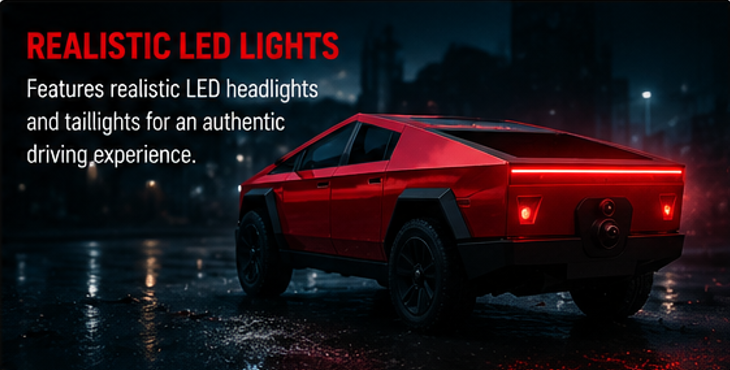 Cybertruck-Style RC Pickup Truck with Water Mist & LED Lights – 1:18 Scale Rechargeable Remote Control Car for Kids