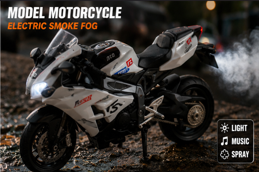 Model motorcycle with electric smoke fog feature on a dark background