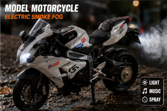 Model motorcycle with electric smoke fog feature on a dark background