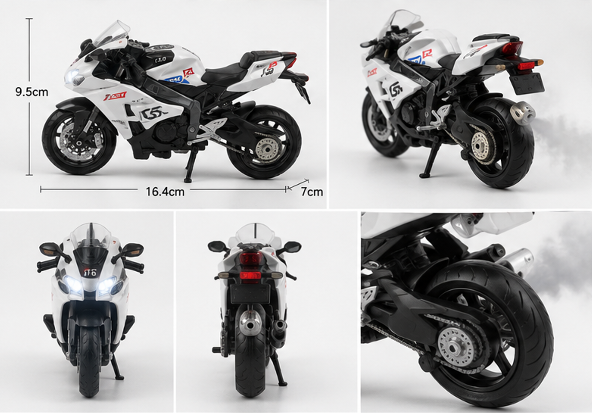 White Sports Bike Toy with LED Lights, Smoke Effect & Music – Realistic Display Model for Kids & Collectors