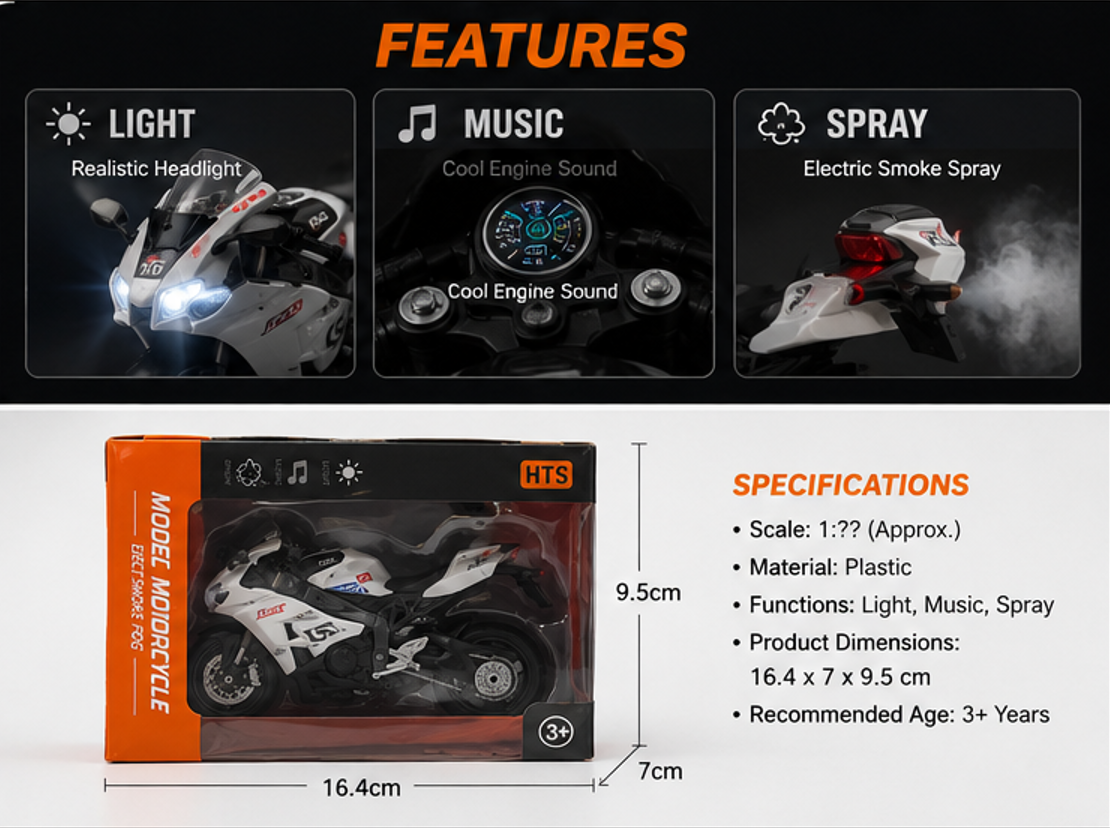 Model motorcycle with features like light, music, and spray, displayed on a black background.