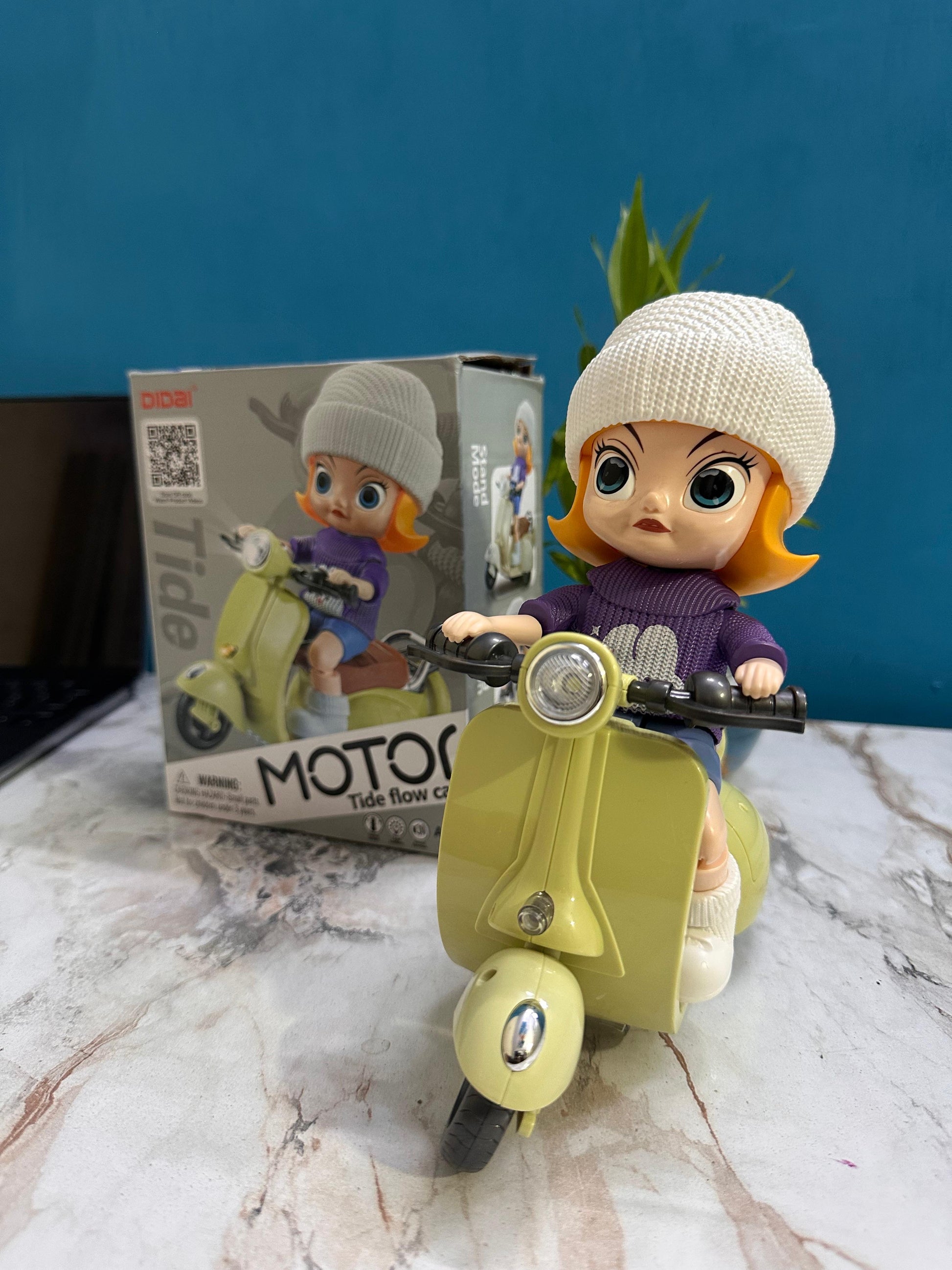 Toy figure of a character on a scooter with a box in the background