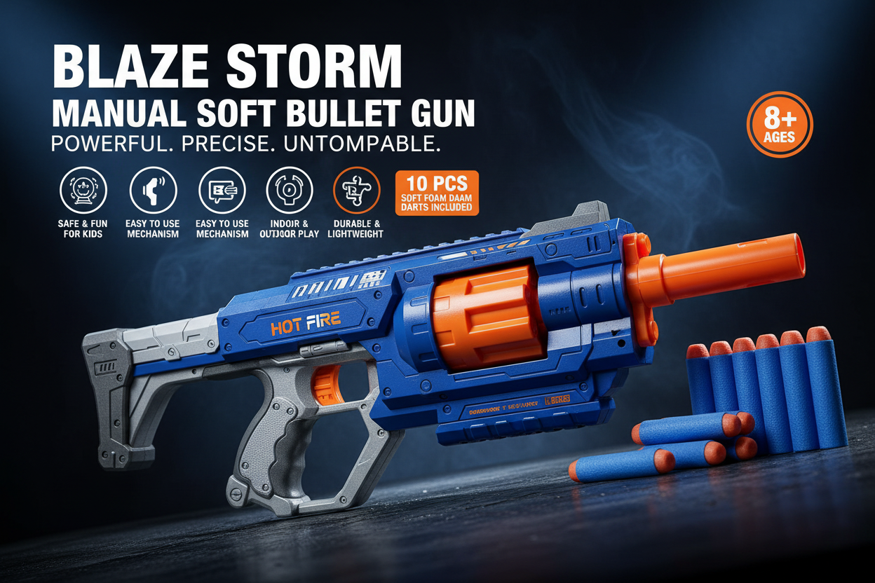 Blaze Storm HOT FIRE toy gun hero shot with 10 foam darts on dark background