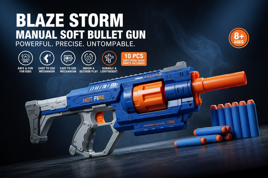 Blaze Storm HOT FIRE toy gun hero shot with 10 foam darts on dark background