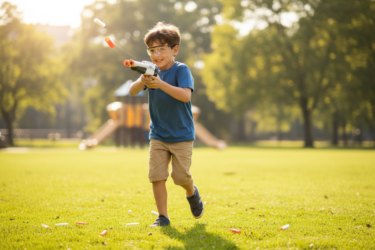 Child playing with BLAST foam dart blaster outdoors