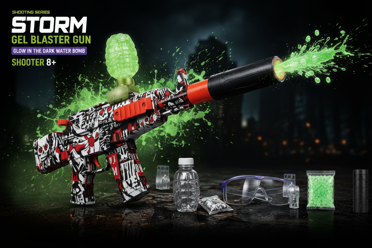 STORM Gel Blaster Gun hero shot with glow in the dark water bomb and accessories