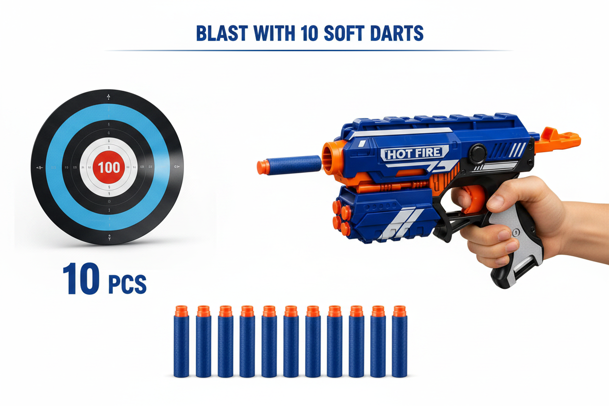 Blaze Storm gun with target board and 10 soft foam darts