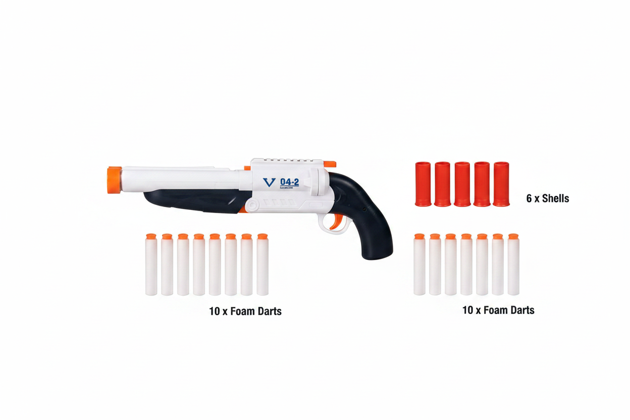 BLAST Toy Gun package contents - 6 shells and 10 foam darts flat lay