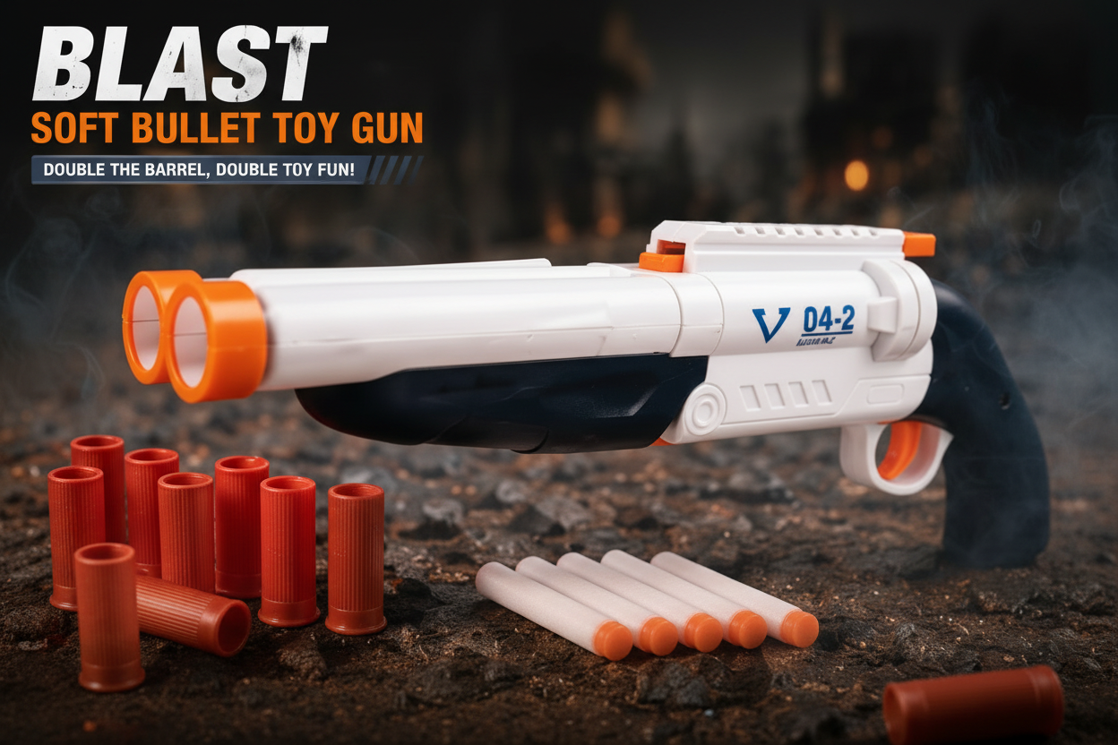 BLAST Double Barrel Soft Bullet Toy Gun hero shot with shells and foam darts