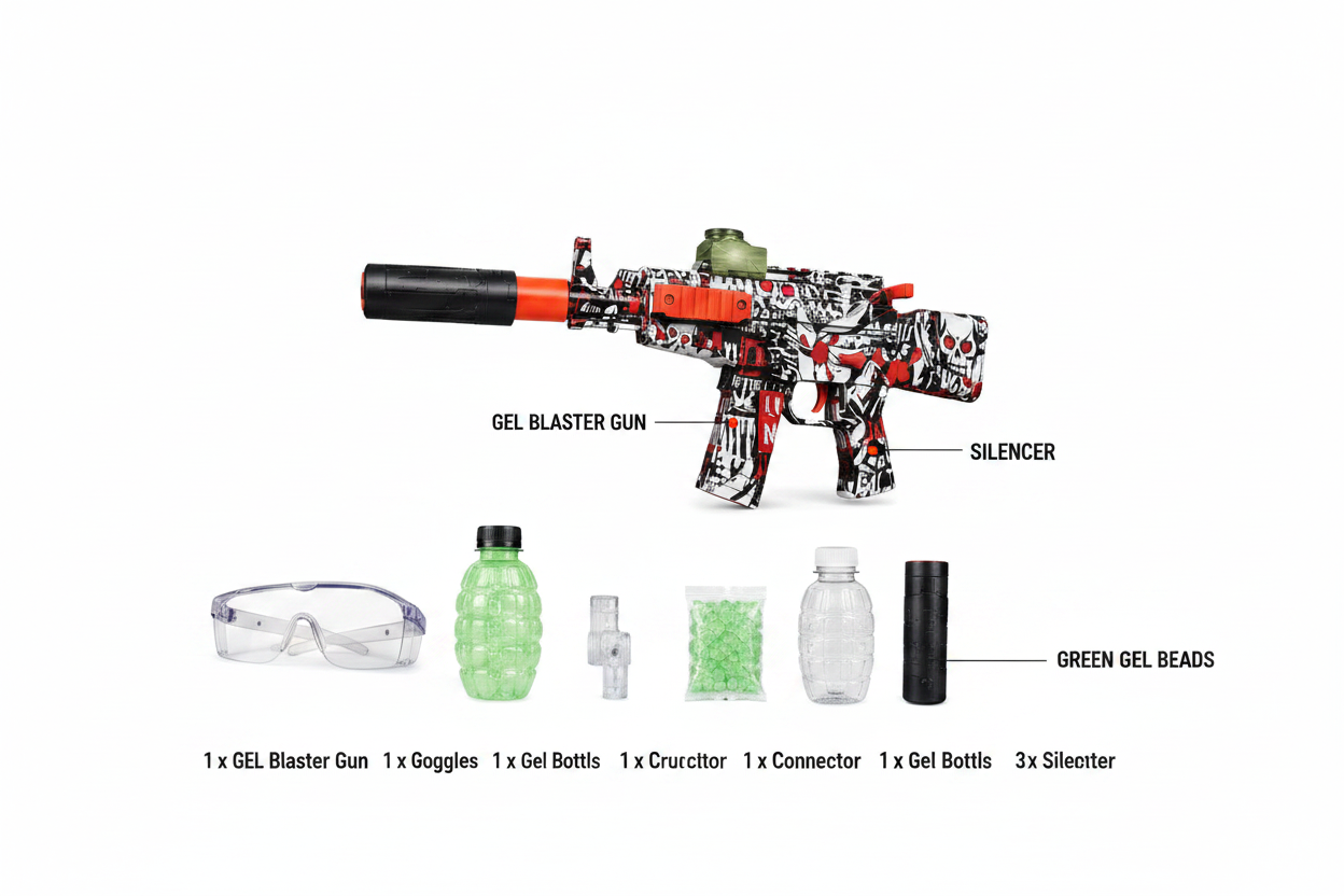 STORM Gel Blaster Gun package contents - gun, goggles, bottle, connector, gel beads, silencer