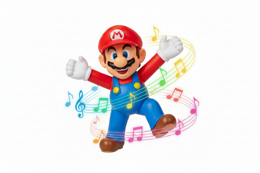 Mario Dancing Toy close-up with musical notes