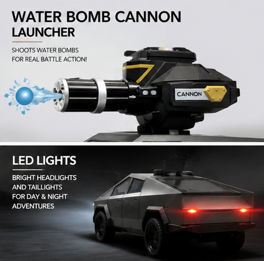 Tesla-Style RC Car with Water Bomb Cannon – 1:14 Scale 4x4 Off-Road with LED Lights